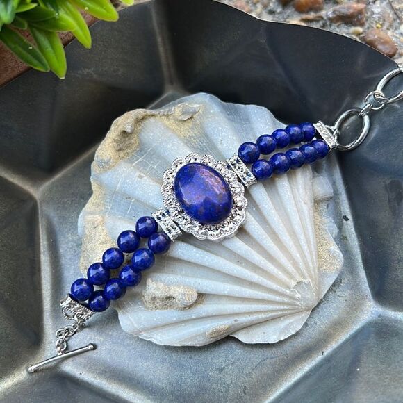 NIB Lapis Lazuli Stone Double Strand Bracelet, Silver - Picture 3 of 8
